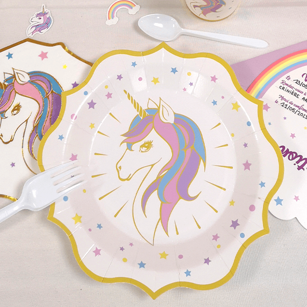 Assiette anniversaire multicolore en carton Licorne (x6) 20cm