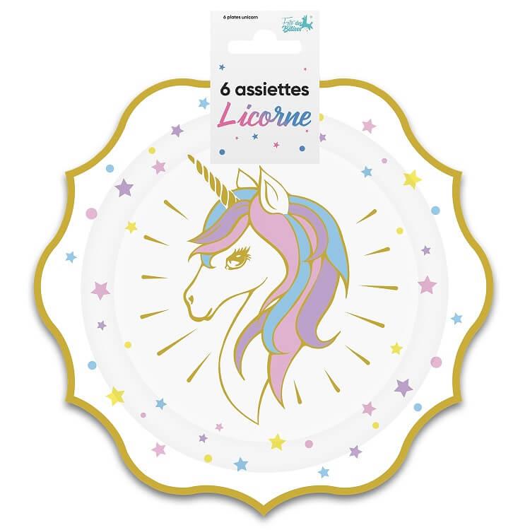 Assiette anniversaire multicolore en carton Licorne (x6) 20cm