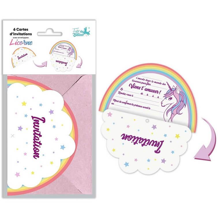 6 Cartes d'invitation Licorne Multicolore REF/001CINV