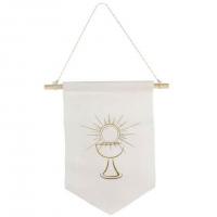 10375 fanion communion calice blanc et dore or pour decoration de salle a suspendre