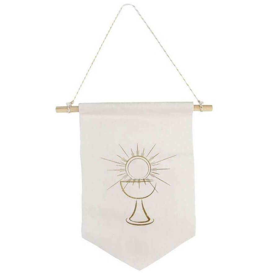 10375 fanion communion calice blanc et dore or pour decoration de salle a suspendre