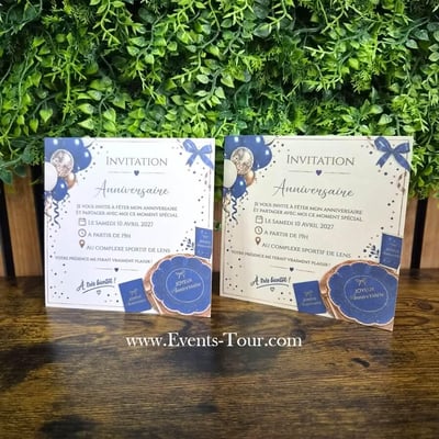 10582 boutique pas de caalis carte invitation personnalisable anniversaire bleu azur et dore or