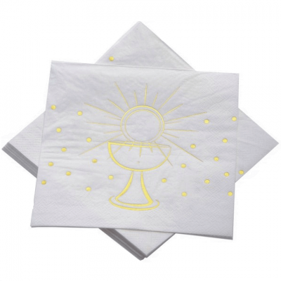 12014 serviette de table papier communion blanc et dore or metallique avec calice