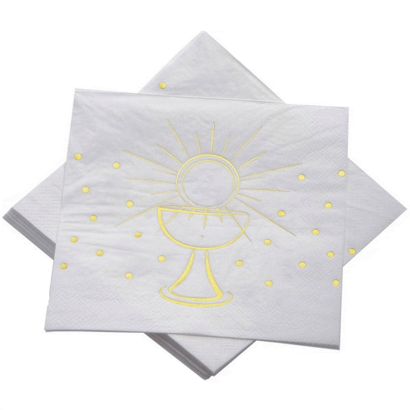 12014 serviette de table papier communion blanc et dore or metallique avec calice