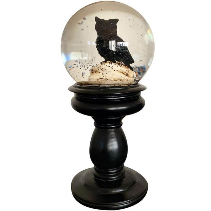 12236 decoration halloween boule a neige noire sur pied hibou