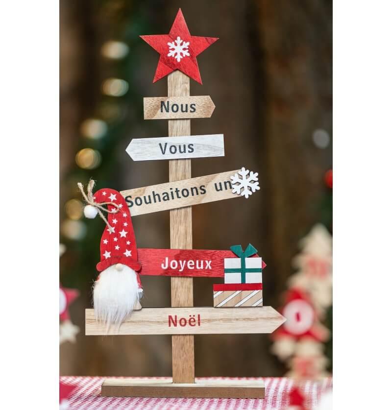 12464 decoration centre de table bois joyeux noel gnomes 5 directions 43cm