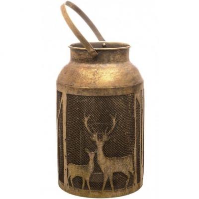 13005 lanterne de noel ajouree majestic dore or metal brossee vintage cerf renne