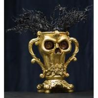 13045 decoration halloween coupe tete de mort resine dore or