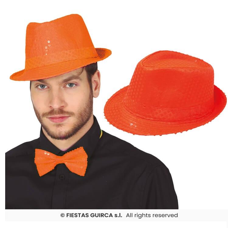 13291 accessoire de deguisement annees 80 chapeau borsalino adulte sequins orange fluo