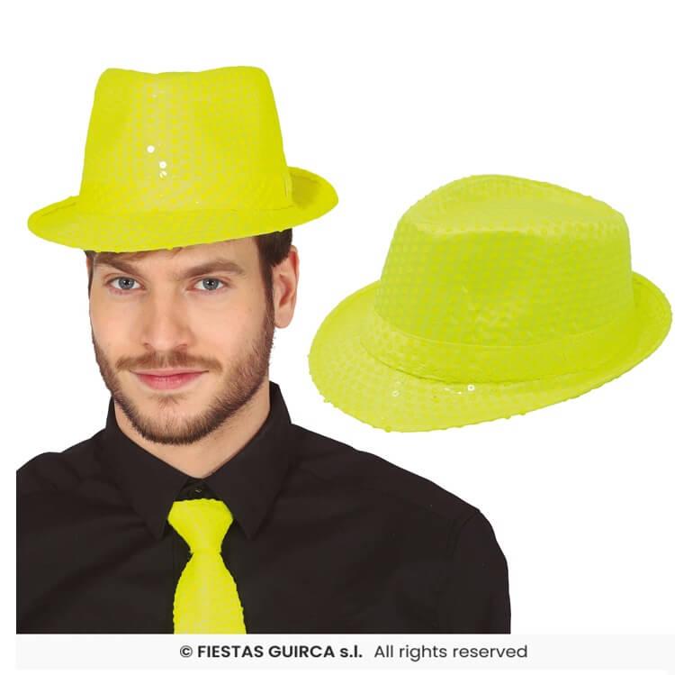 13293 accessoire de deguisement annees 80 chapeau borsalino adulte sequins jaune fluo