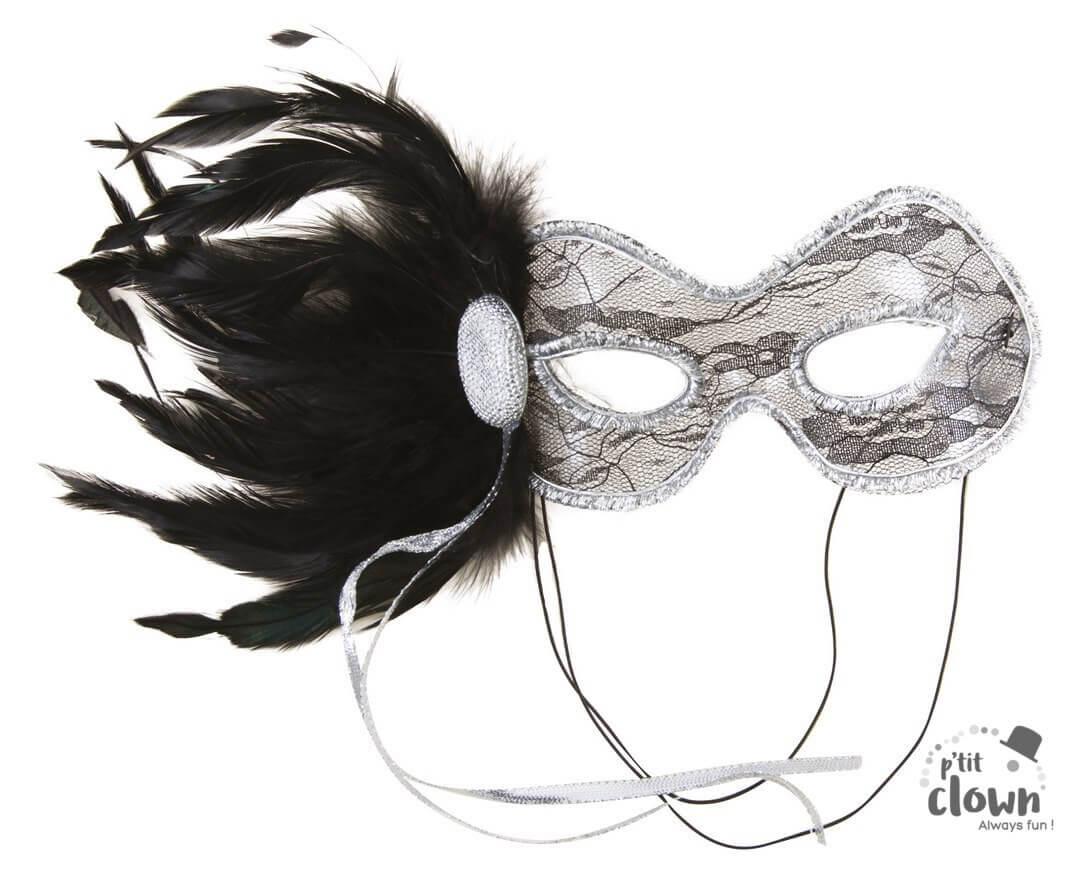 15022 accessoire de deguisement loup dentelle avec plumes argent noir