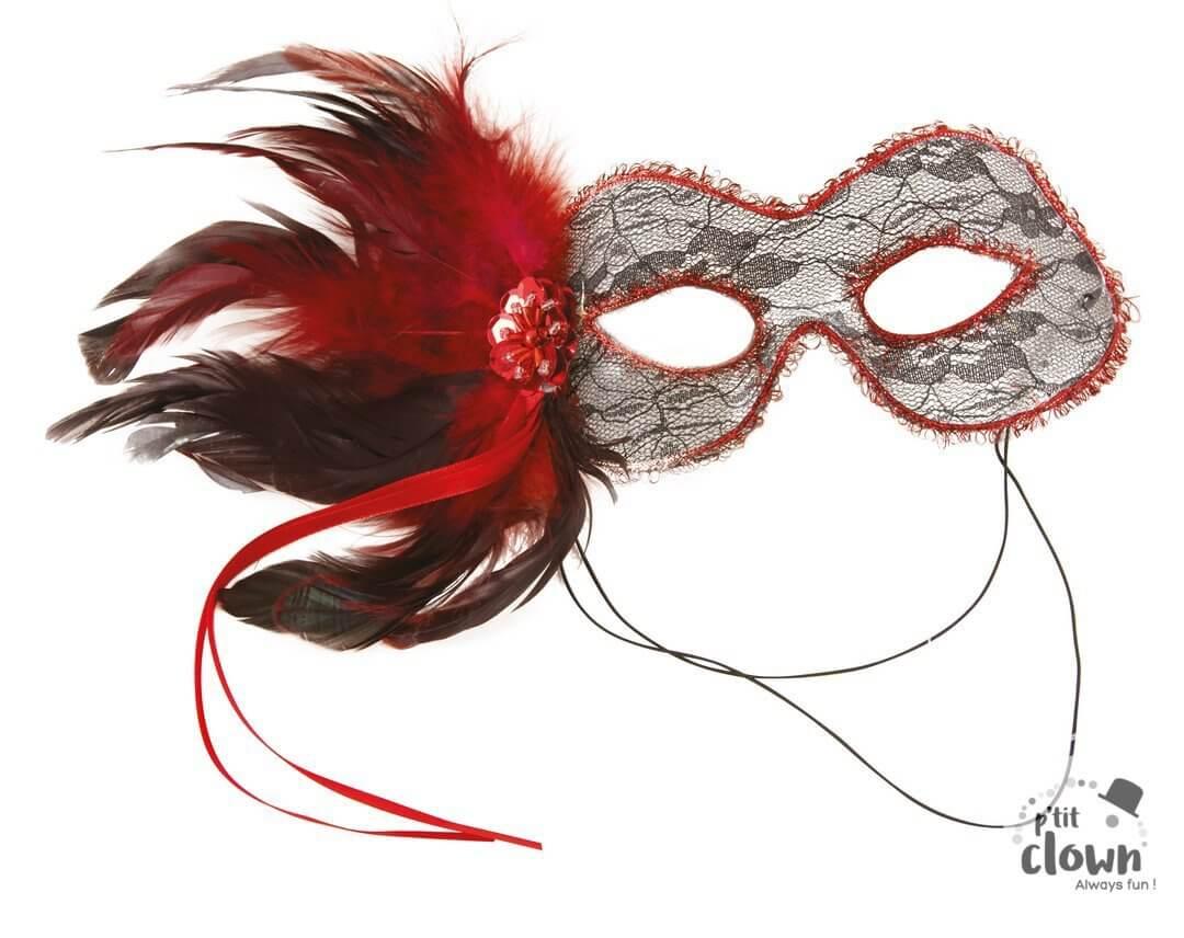 15022 accessoire de deguisement loup dentelle avec plumes rouge argent noir