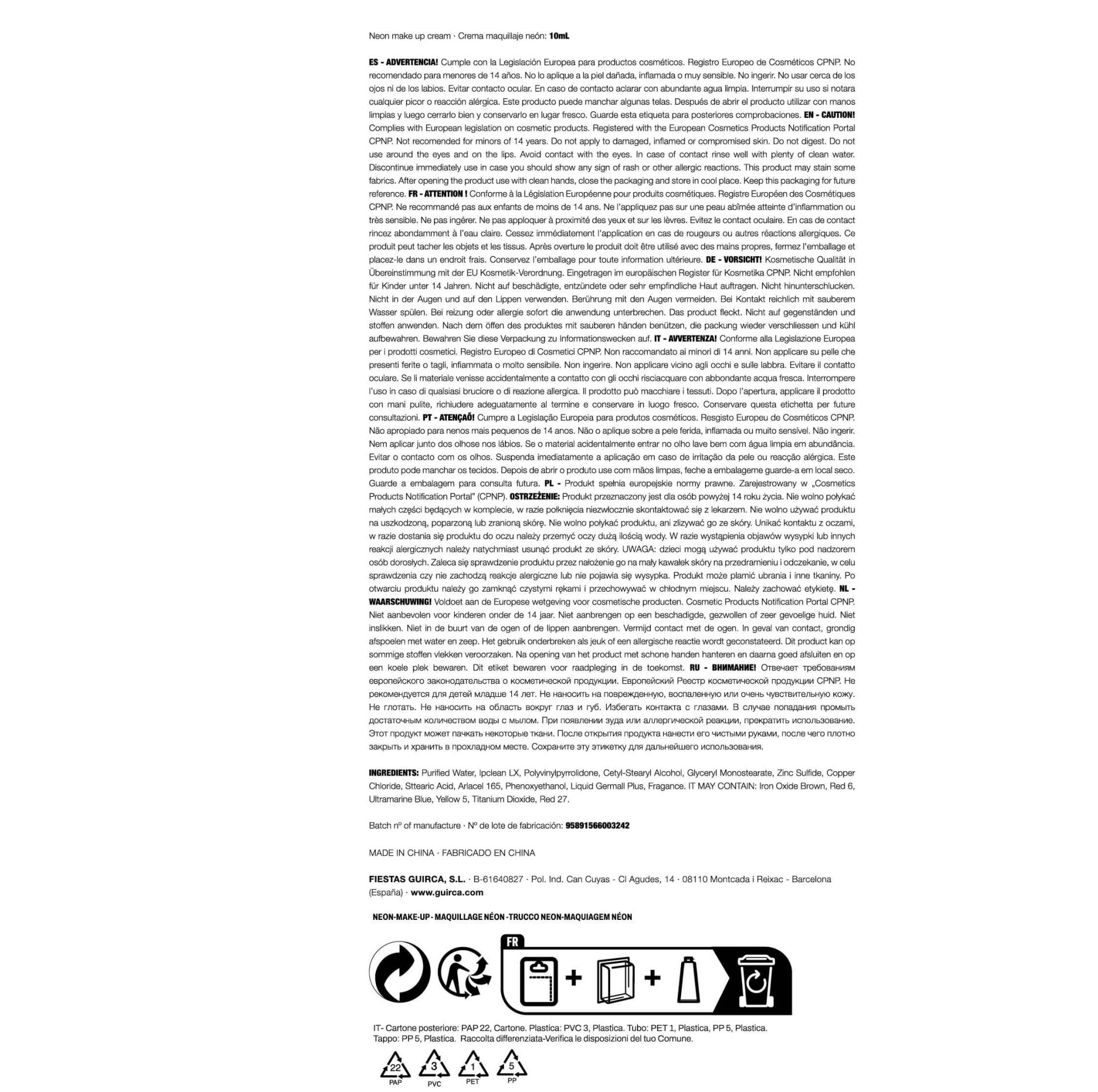 15663 etiquette ingredient tube de creme maquillage fluo