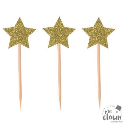 21221 decoration cocktail gateau pique en bois etoile dore or