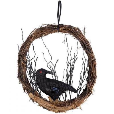 22263 decoration halloween couronne de porte bois corbeau