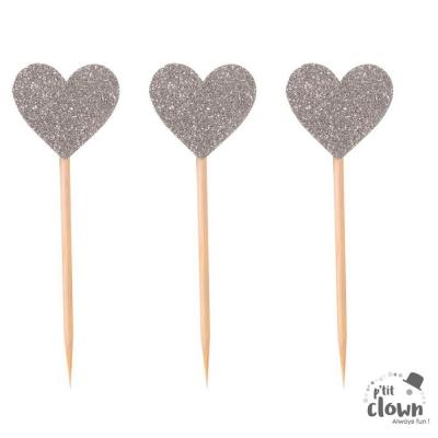 22729 decoration cocktail gateau pique en bois coeur argent
