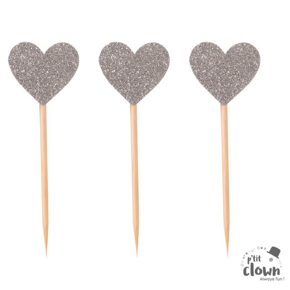 22729 decoration cocktail gateau pique en bois coeur argent