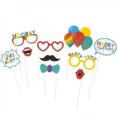 1 Kit 10 pièces Photobooth anniversaire: moustache, baiser, lunette, chapeau... REF/22739