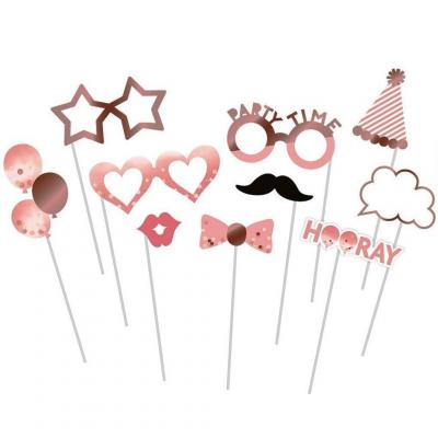 1 Kit 10 pièces Photobooth de fête rose gold: moustache, baiser, lunette, chapeau... REF/22740
