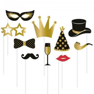 1 Kit 10 pièces Photobooth de fête noir et doré or: moustache, baiser, lunette, chapeau... REF/22741