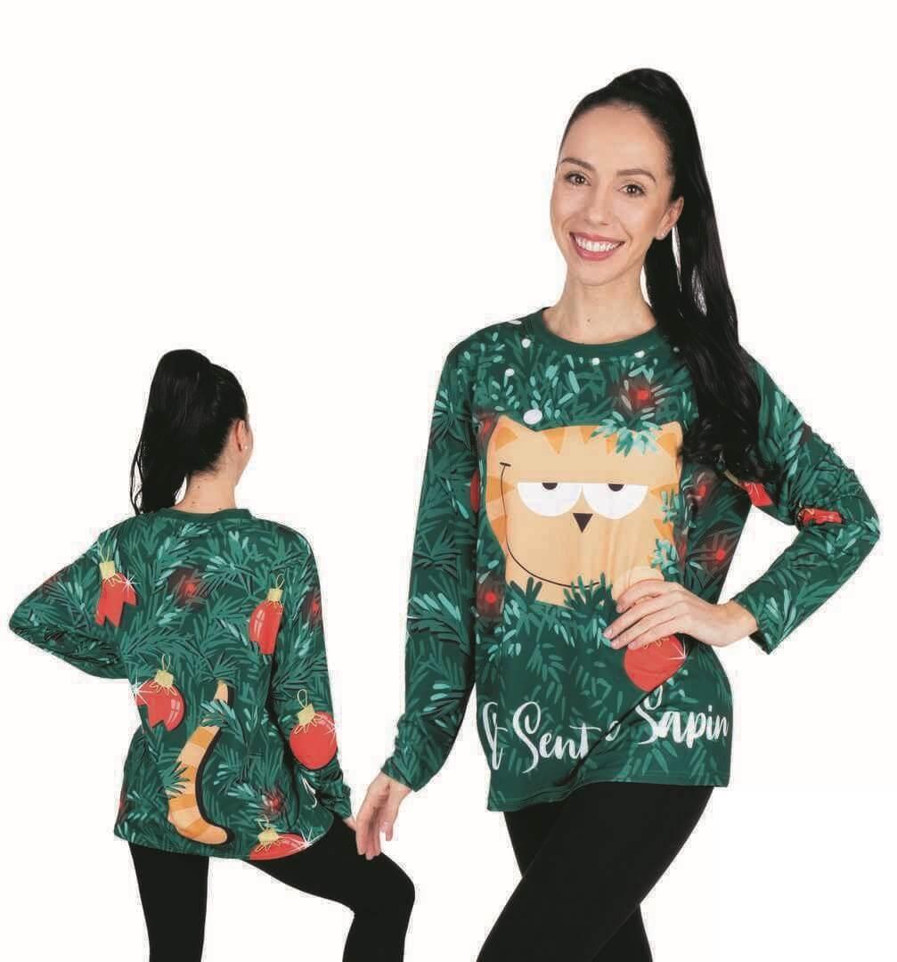 22784 t shirt noel adulte femme chat sent le sapin