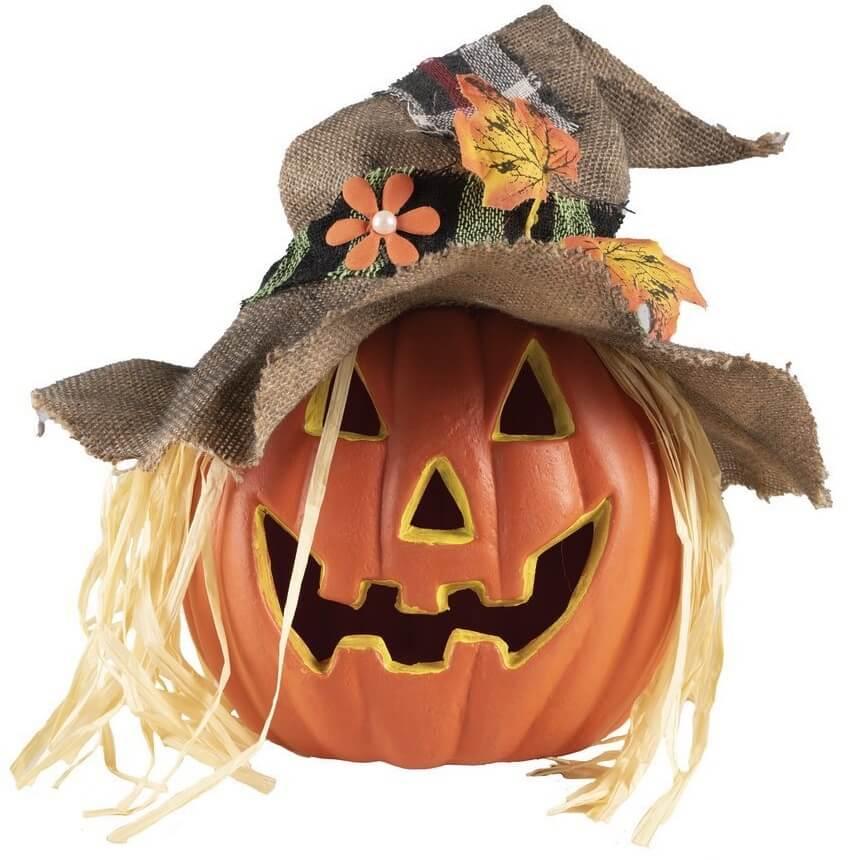 22974 decoration halloween citrouille lumineuse avec chapeau epouvantail
