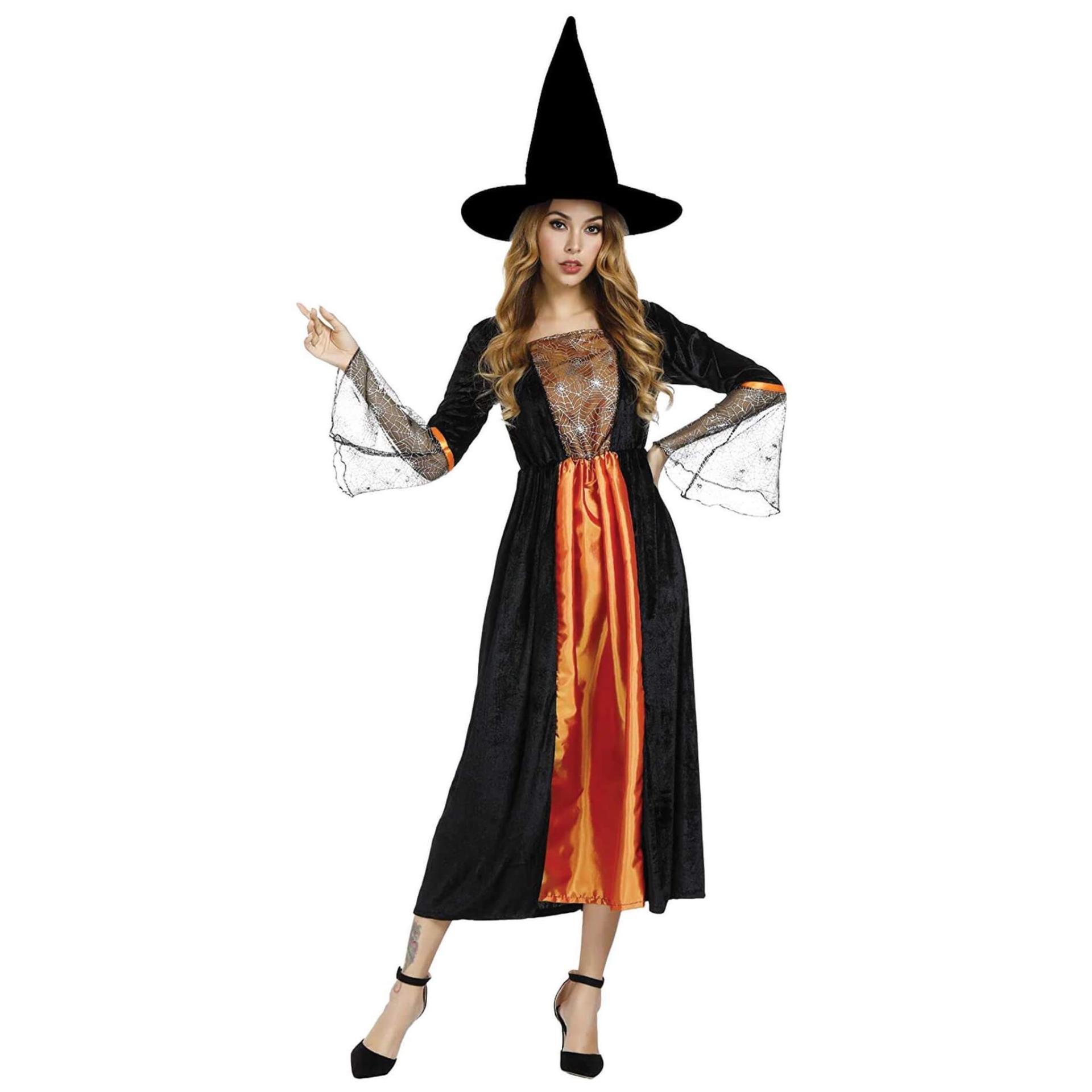 23176 taille l xl deguisement halloween adulte femme sorciere noir orange