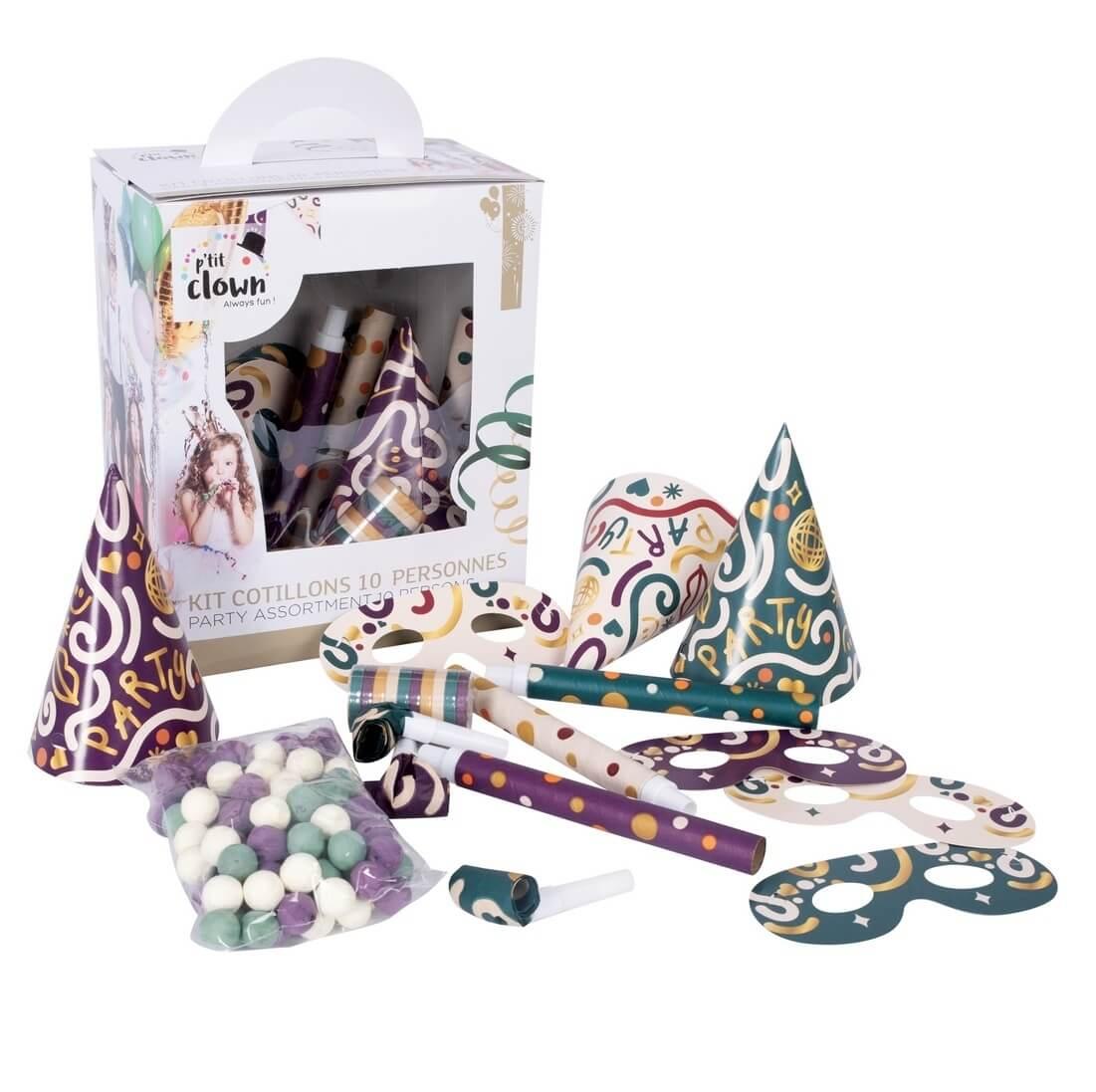 23443 article de fete ambiance kit cotillon 10 personnes sarbacane sifflet chapeau serpentin