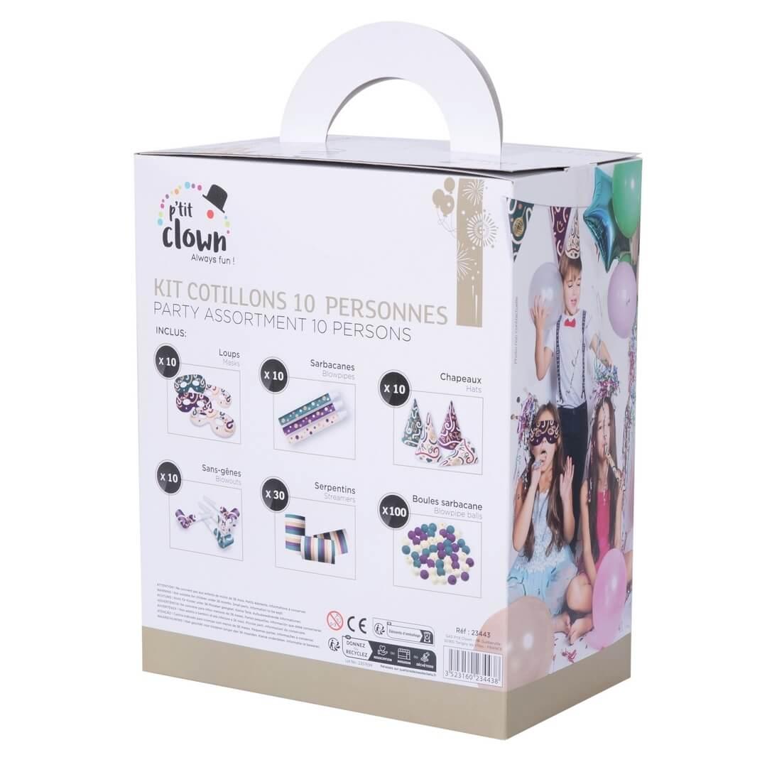 23443 article festif ambiance kit cotillon 10 personnes sarbacane sifflet chapeau serpentin