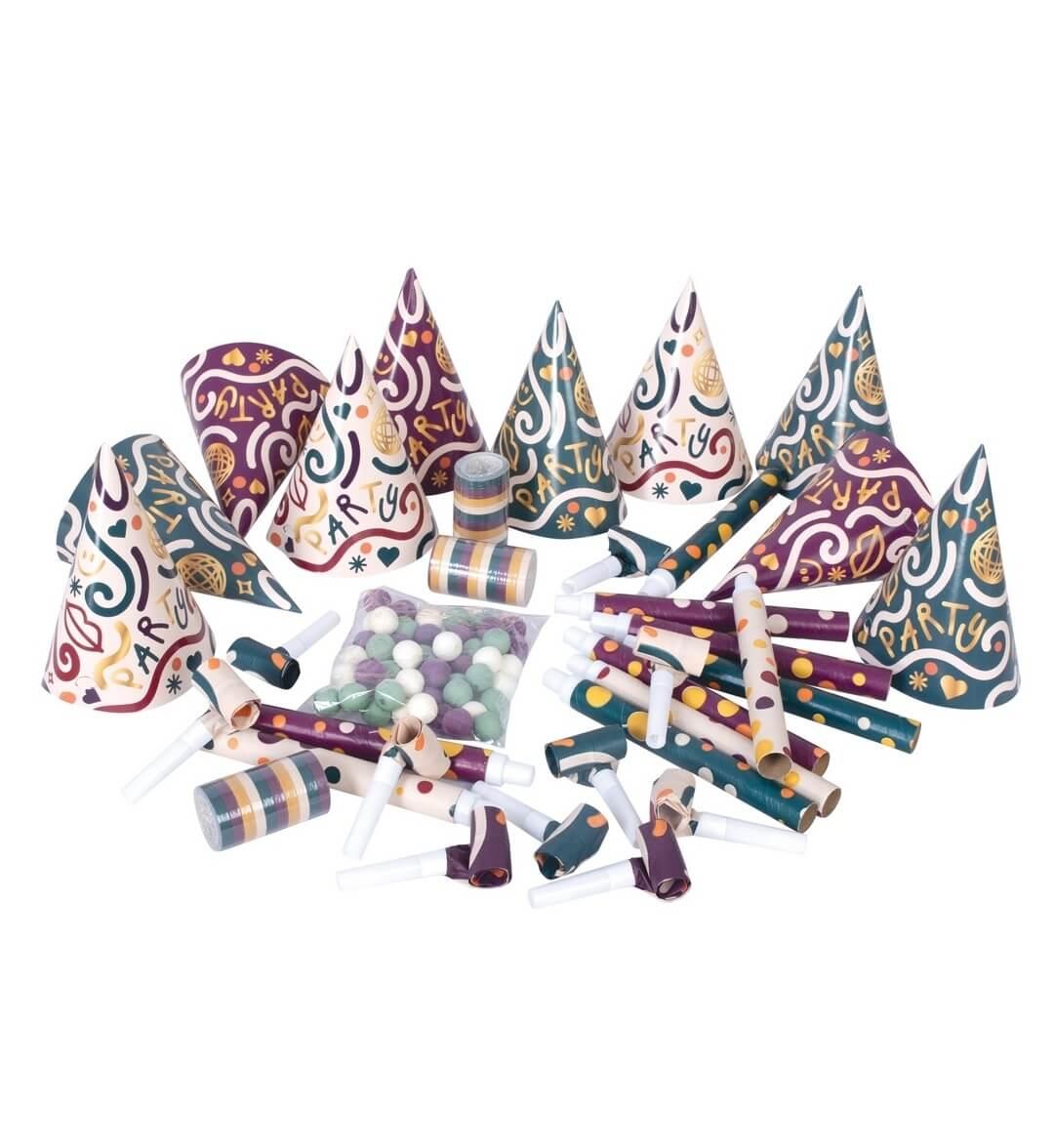 23444 kit cotillon multicolore 10 personnes chapeau sarbacane serpentin boule sifflet sans gene en sachet