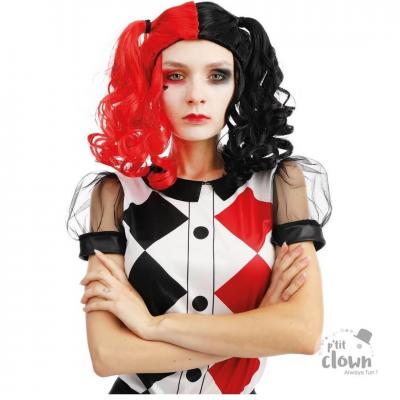 1 Perruque noire et rouge Arlequin avec couettes REF/23587 (Accessoire déguisement adulte)