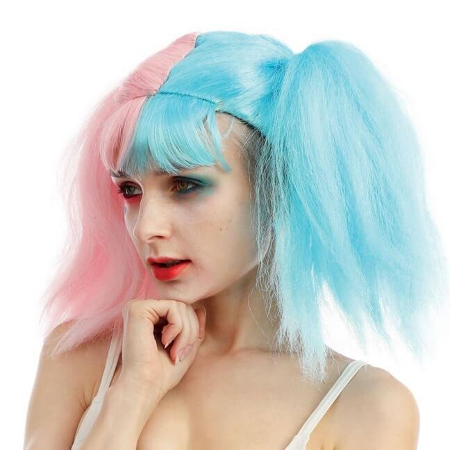 23615 accessoire de deguisement perruque adulte arlequin couette rose et bleu