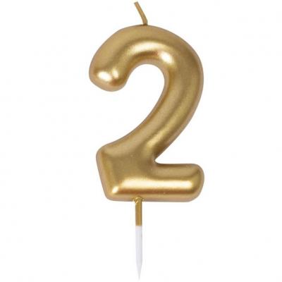 23932 bougie anniversaire sur pique dore or metallique chiffre 2