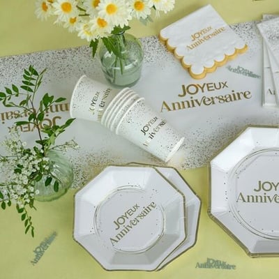32 magasin pas de calais vaisselle assiette anniversaire blanche doree or metal 18cm