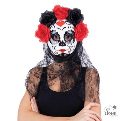 Masque adulte Halloween day of the dead noir et rouge avec voile (x1) REF/38072