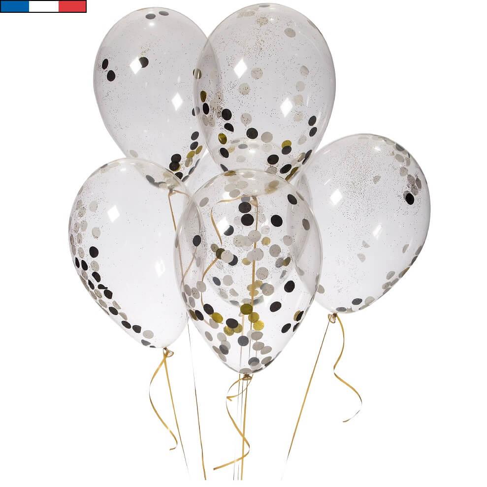 42962 ballon latex transparent 30cm confettis blanc noir dore or