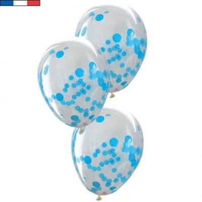 6 Ballons transparents en latex biodégradable avec confettis bleu pâle de 30cm REF/45000 Fabrication française