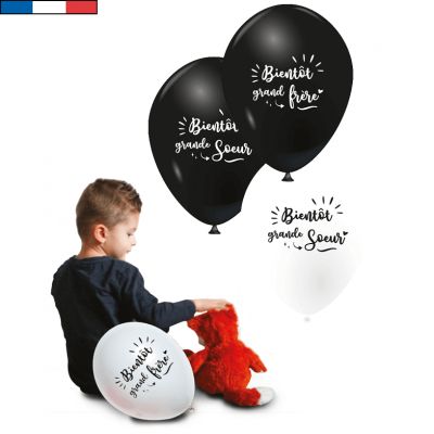 8 Ballons en latex noir et blanc pour fête Baby Shower/Naissance avec messages REF/48551 Fabrication française