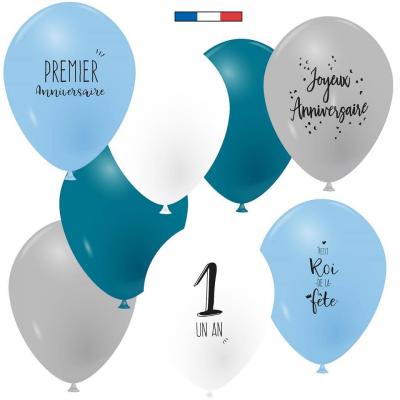8 Ballons en latex bleu, blanc et gris pour fête anniversaire 1 an REF/49084 Fabrication française