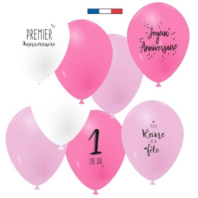 8 Ballons en latex blanc, fuchsia et rose pour fête anniversaire 1 an REF/49084 Fabrication française