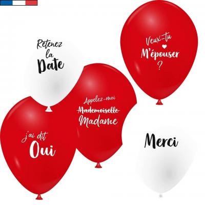10 Ballons en latex blanc et rouge de 25 cm pour annoncer son mariage REF/49282 Fabrication française