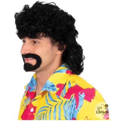 49890 perruque et barbe noire avec coupe cheveux mulet