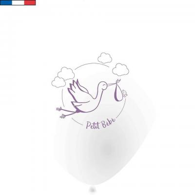 10 Ballons transparents en latex avec cigogne Lilas/Parme 25cm pour Baby Shower/Naissance REF/51216 Fabrication française