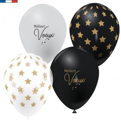 8 Ballons en latex du nouvel an transparent, noir, doré or, argent avec messages meilleurs voeux 30cm REF/51384 Fabrication française