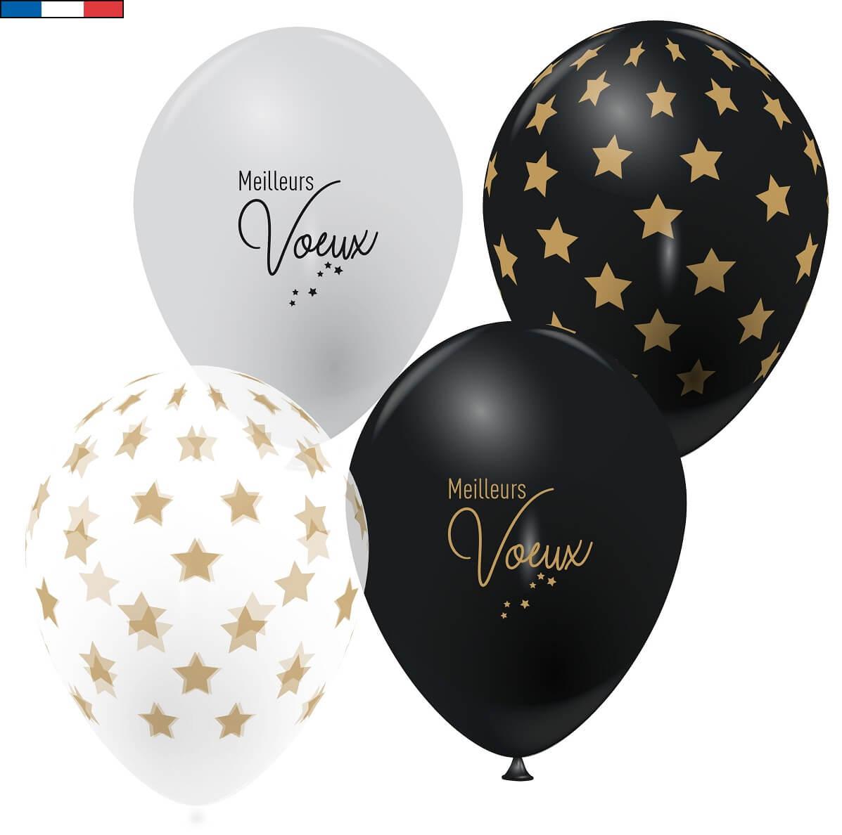 51384 ballon latex 30cm noir dore or argent nouvel an
