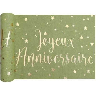 Chemin de table anniversaire vert Olive/Sauge et doré or métallisé 3m (x1) REF/5668