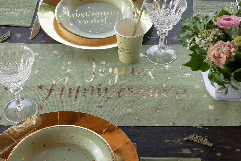 Chemin de table anniversaire vert Olive/Sauge et doré REF/5668