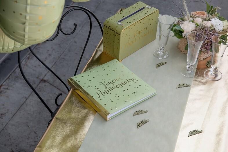 5671 tirelire urne joyeux anniversaire valise vert olive sauge champetre dore or metallique