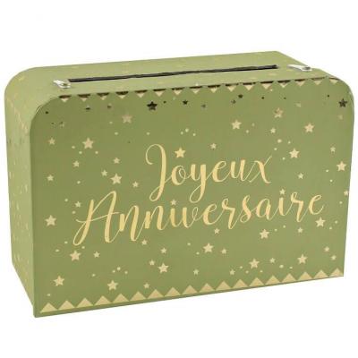 Tirelire urne Joyeux Anniversaire vert Olive/Sauge et doré or (x1) REF/5671