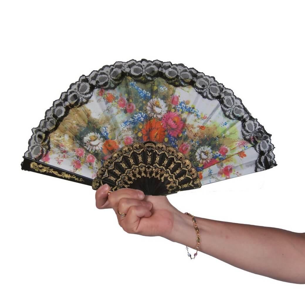 62451 eventail fleuri 45cm accessoire deguisement espagnol vintage flamenco